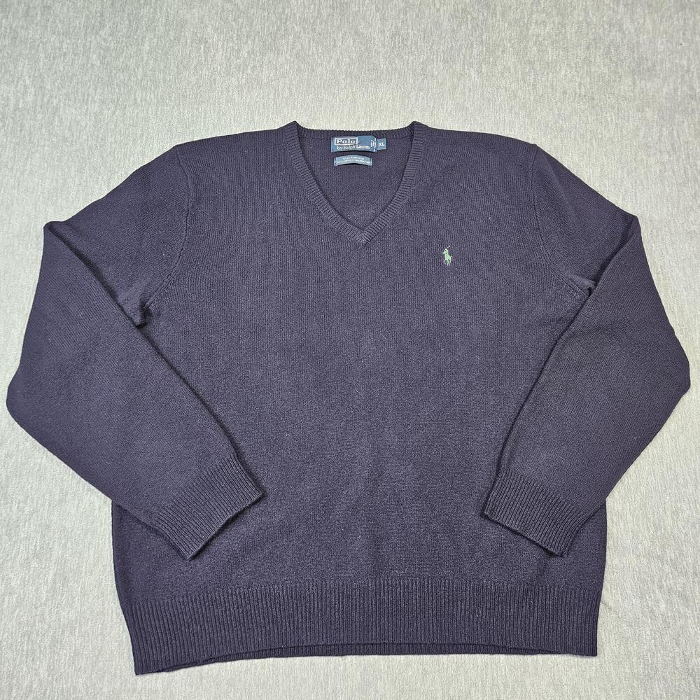 Polo Ralph Lauren Sweater Mens XL Blue Lambswool V Neck Pony Logo Italian Yarn